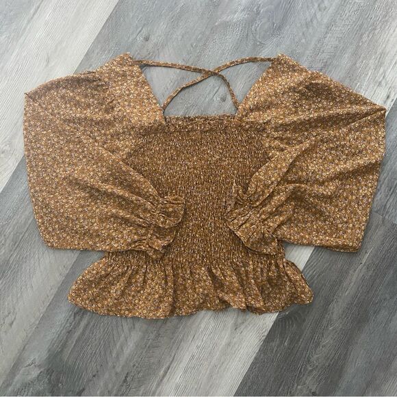 Papaya Floral Top Cross Back Ruffle Square Neck Smocked Medium - Picture 5 of 10